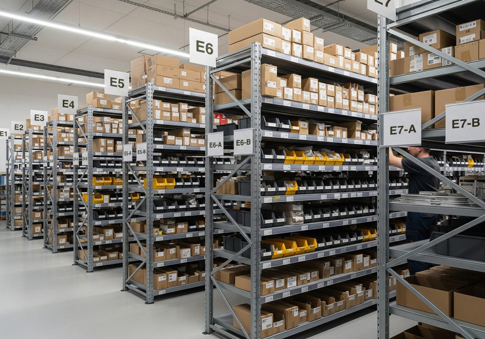 Warehouse shelves with labeled parts